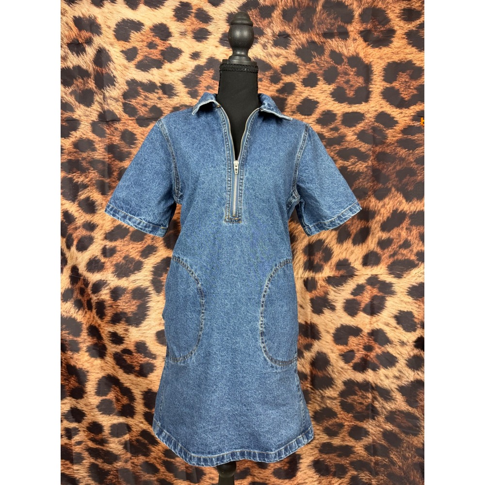Womens Denim Half Zip Short Sleeve Shift Dress Medium Wash Blue Mini Pockets